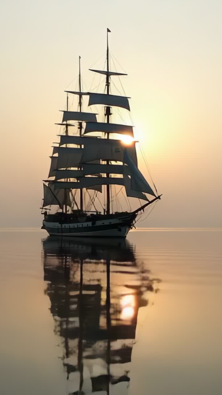 Video verticale: sole che fa capolino dietro le vele creando increspature riflesse sul mare, attorno a una nave ad alto albero