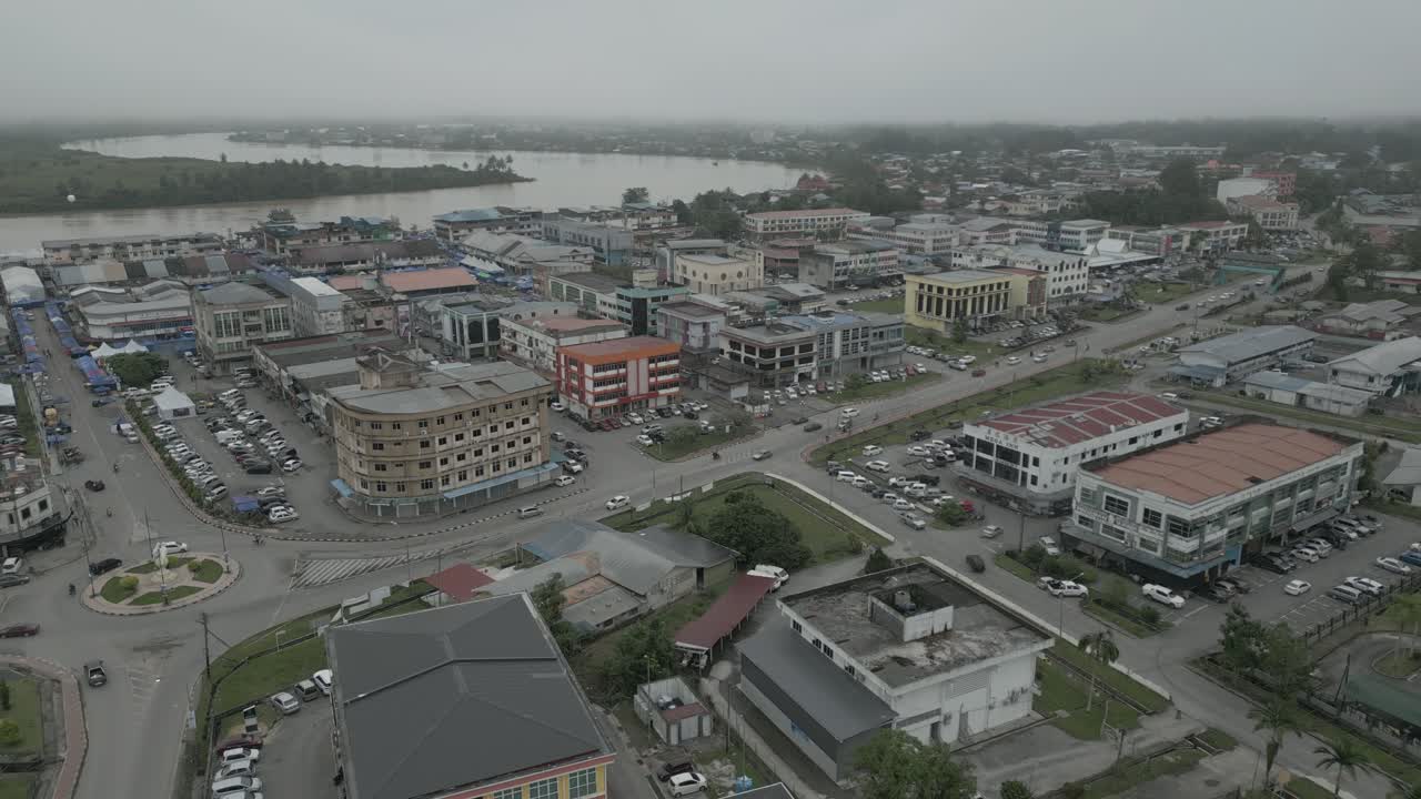 Foggy Morning Beautiful Drone View Of Sri Aman Town At Batang Lupar River, During Regatta And Pesta Benak,Sarawak, Borneo.