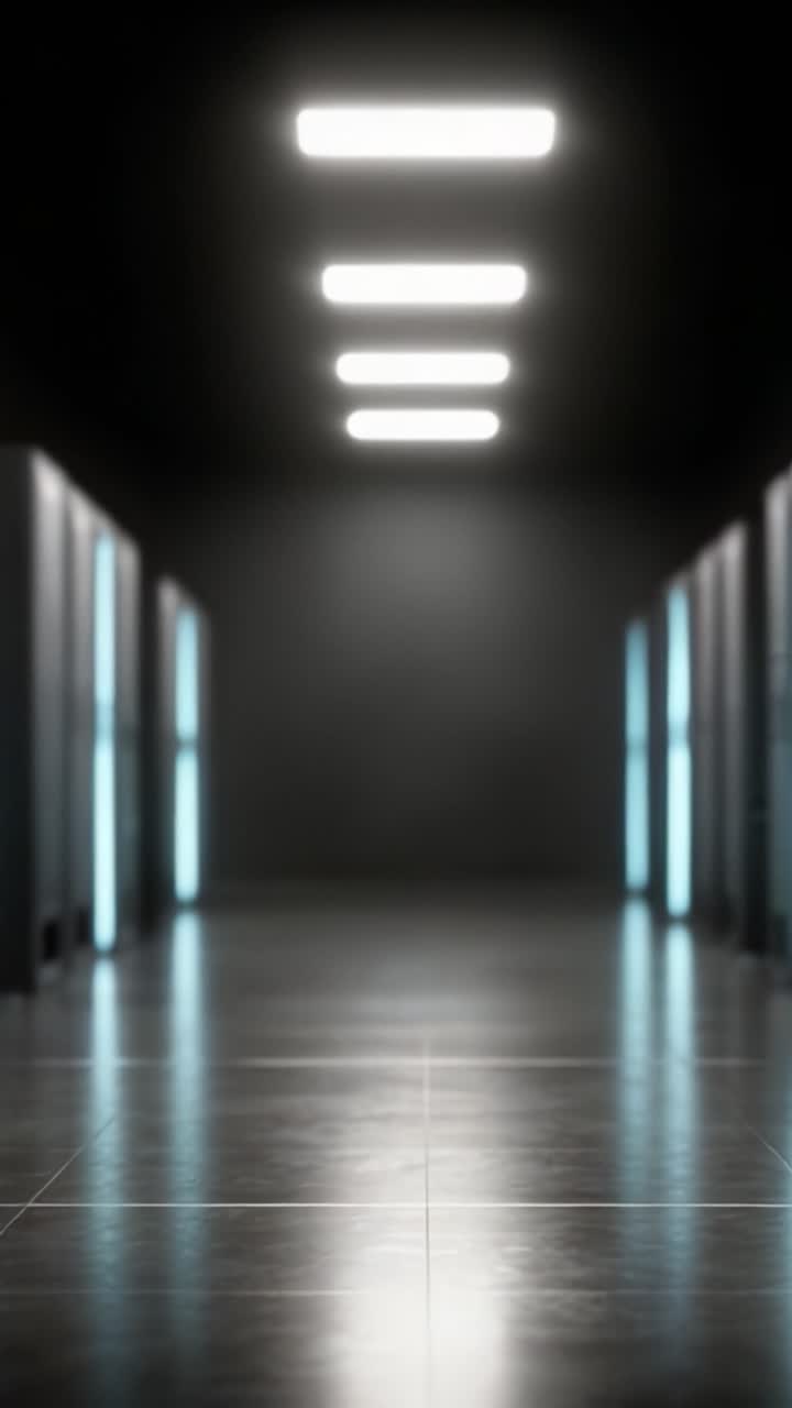 Un corridoio scarsamente illuminato di rack di server, evidenziato da luci eleganti, che mostra un'atmosfera di tecnologia avanzata e precisione in un moderno ambiente di data center.