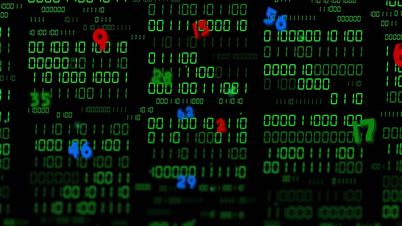 Frame progression shifting colored numbers across green binary columns, highlighting data focus