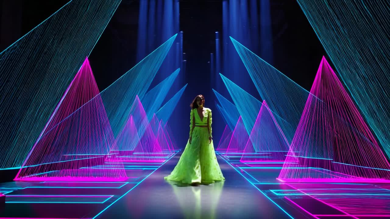 Illuminated Fashion in an Artistic Showcase: A Model Stands Amidst Vibrant Neon Geometry, Showcasing a Stunning Gown Surrounded by Striking Light Displays and a Dreamlike Atmosphere in a Fashion Event