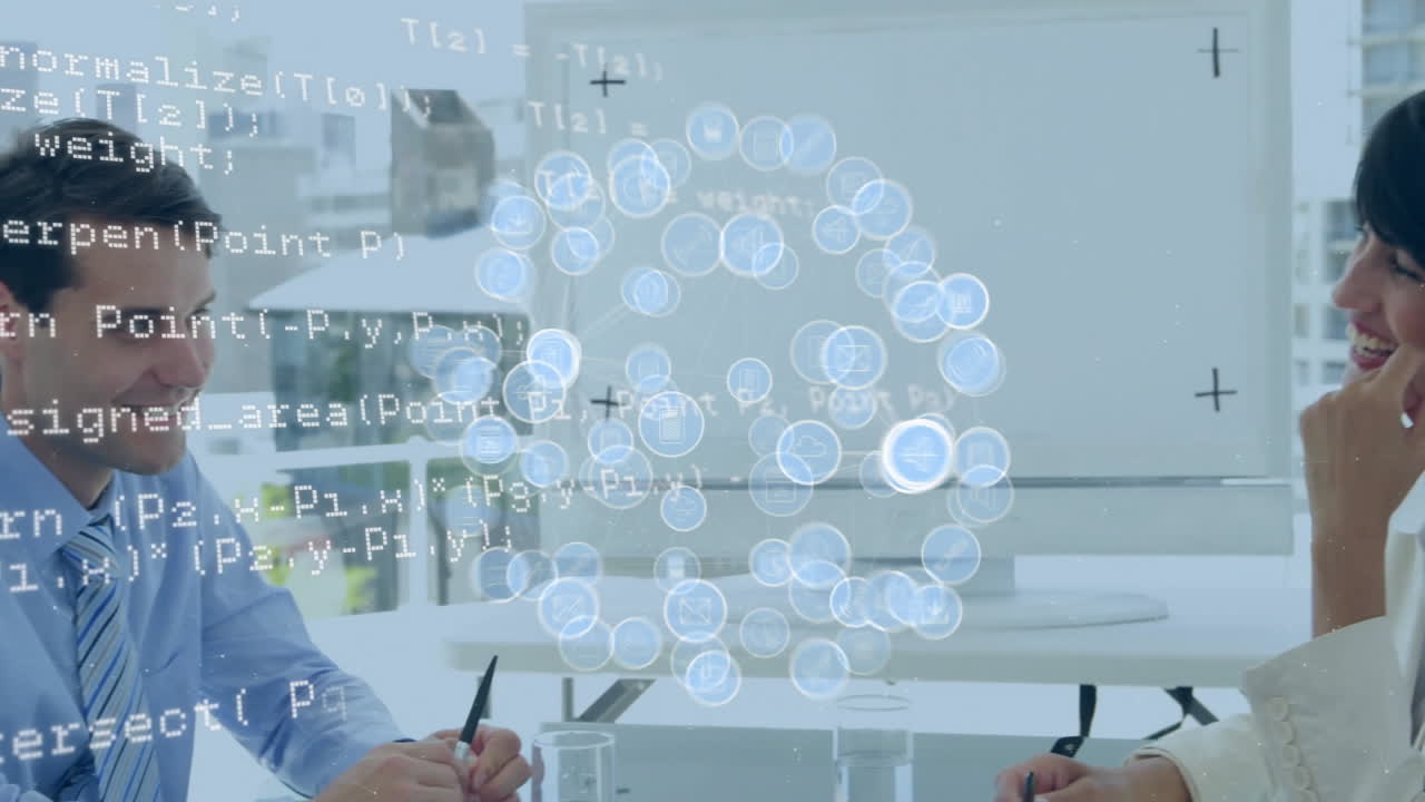 데이터 처리의 애니메이션과 다양한 비즈니스 사람들이 사무실에서 작업을 논의하는 아이콘