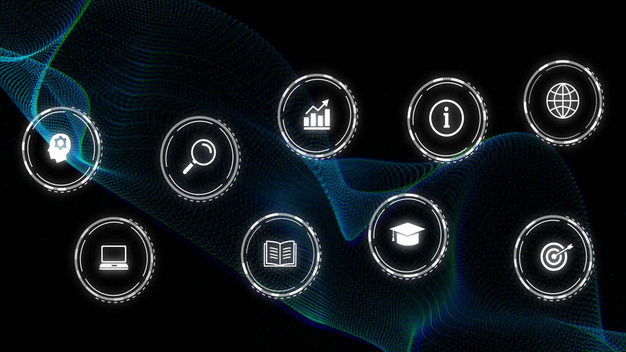 Animation of network of connections with icons on black background