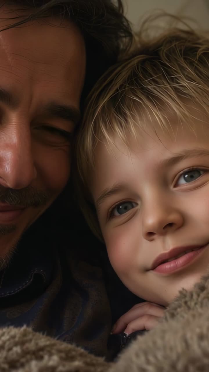 Video verticale: un papà e un figlio si abbracciano in casa sotto una coperta marrone mentre si fanno un selfie con il telefono