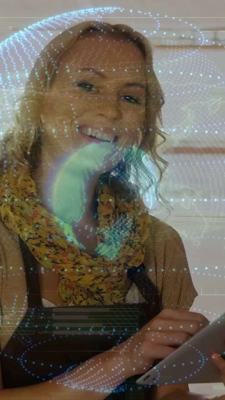 Retail woman tapping, raising tablet, activating 3D globe overlaying hands and slats, showing reach