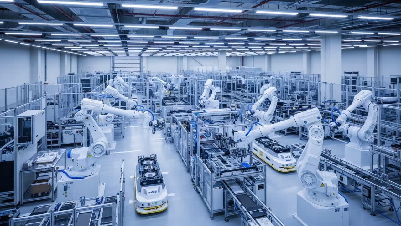 Advanced Robotics in Action: A High-Tech Manufacturing Facility Featuring Multiple Industrial Robots Working Seamlessly Together on Complex Production Lines