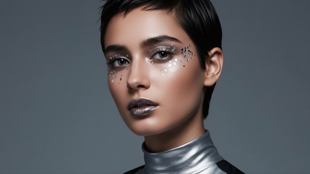Stunning Portrait of a Model Showcasing Futuristic Makeup with Metallic Accents and Unique Glitter Details in a Fashion Setting