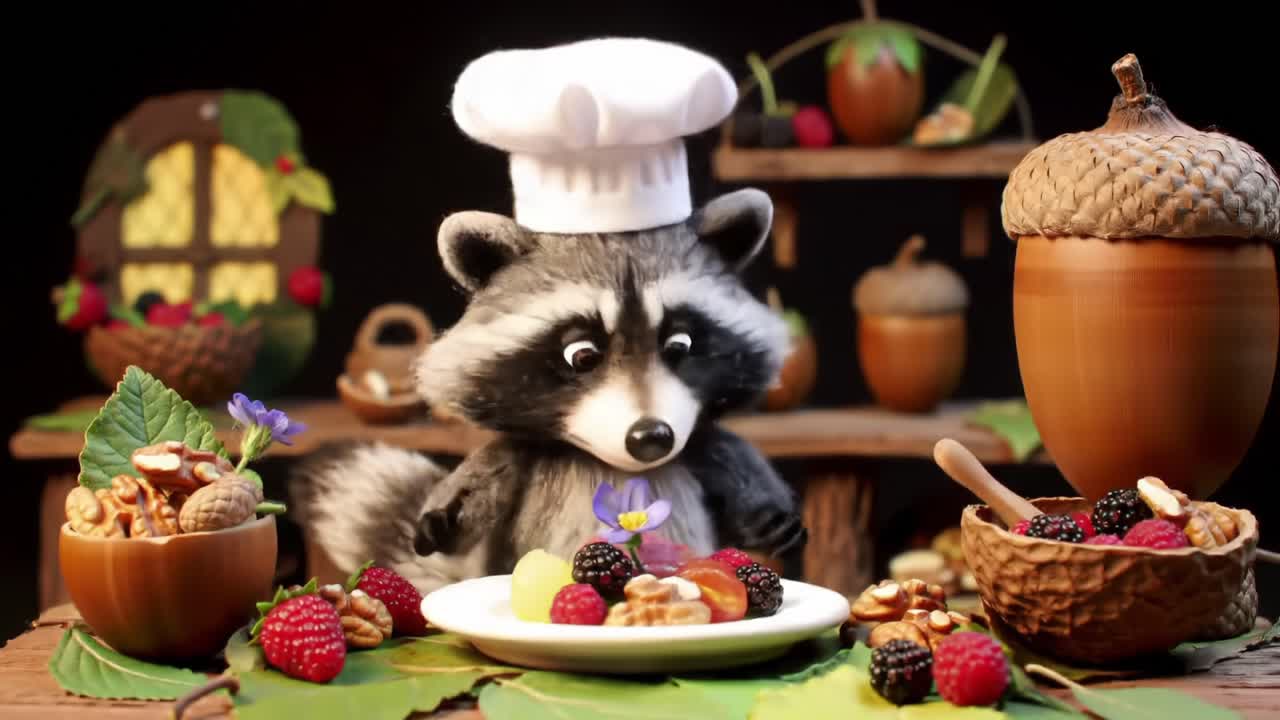 A Charming Raccoon Chef Delights in Preparing a Colorful Spread of Fruits and Nuts, Showcasing Culinary Joy and Creativity in a Rustic Kitchen Setting