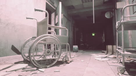 abandoned hospital hallway with a wheelchair