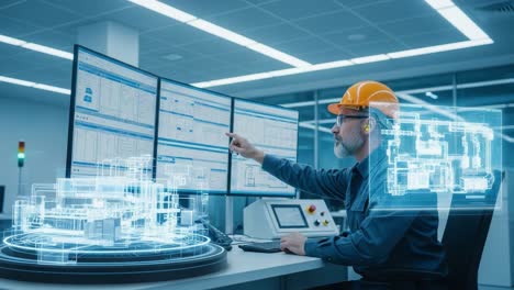 an engineer utilizes advanced digital interfaces and holographic technology to monitor and manage complex systems in a modern control room environment.