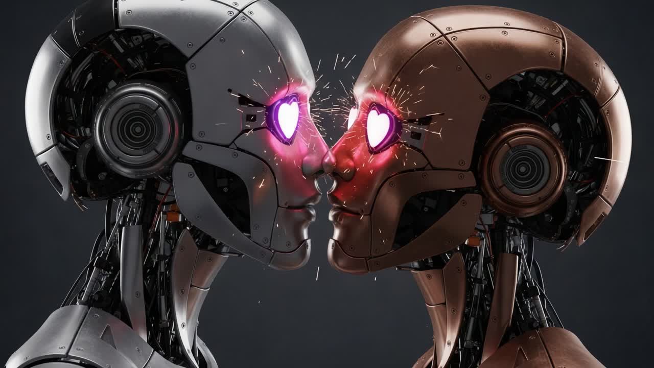 Romantic Encounter of Futuristic Robots: A Heartwarming Display of Emotion Through Innovative Technology and Mechanical Affection in a Stunning Digital Artwork
