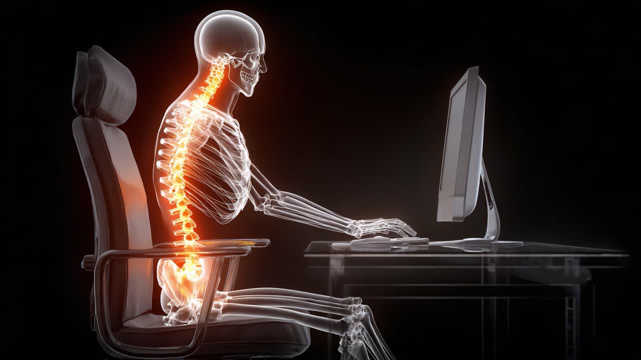 Anatomisk fremstilling af et menneskeligt skelet, der arbejder ved en computer, og viser holdning og rygsøjlejustering under effekterne af digital belastning