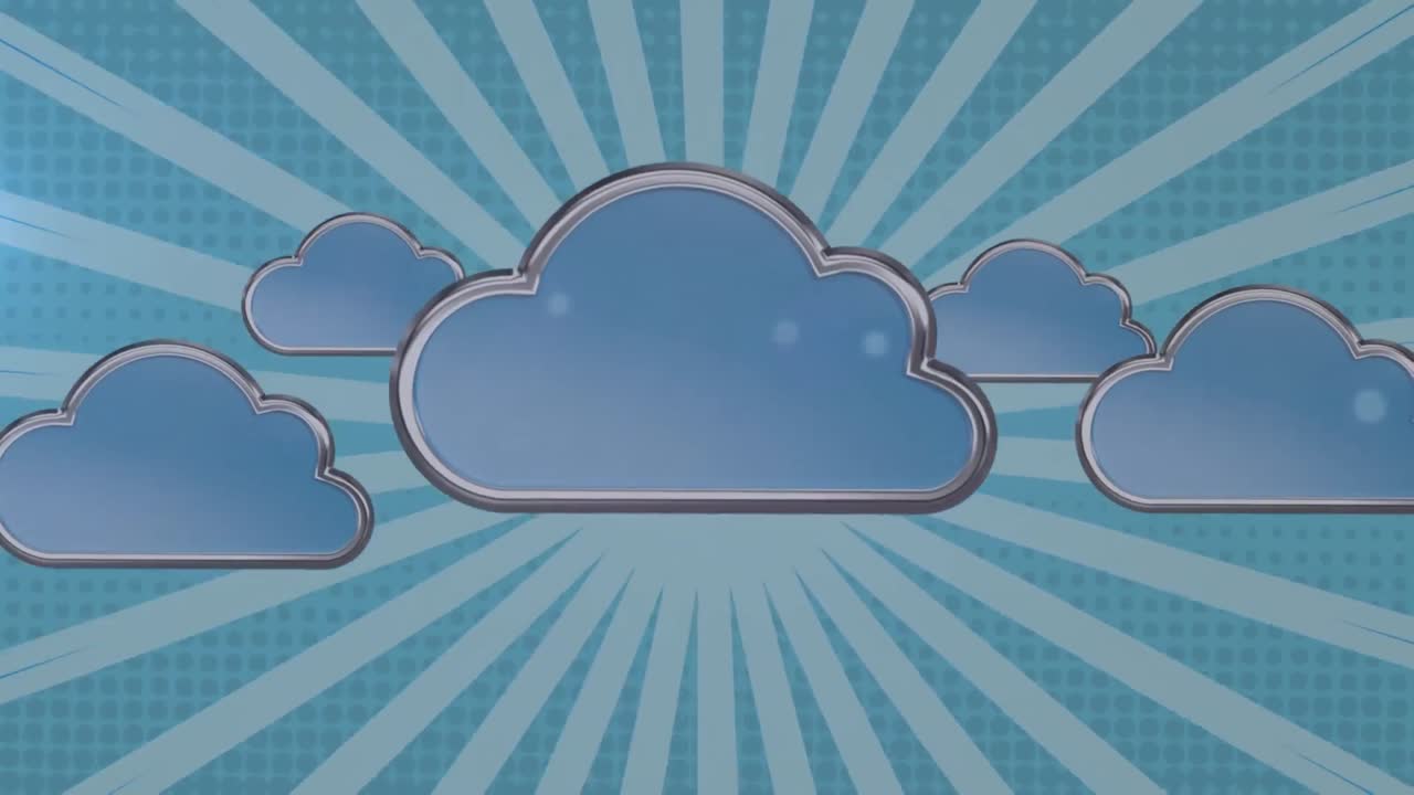 animación digital de múltiples iconos de nubes contra un fondo radial azul