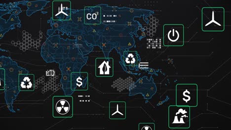 animación de iconos ecológicos y procesamiento de datos sobre el mapa del mundo