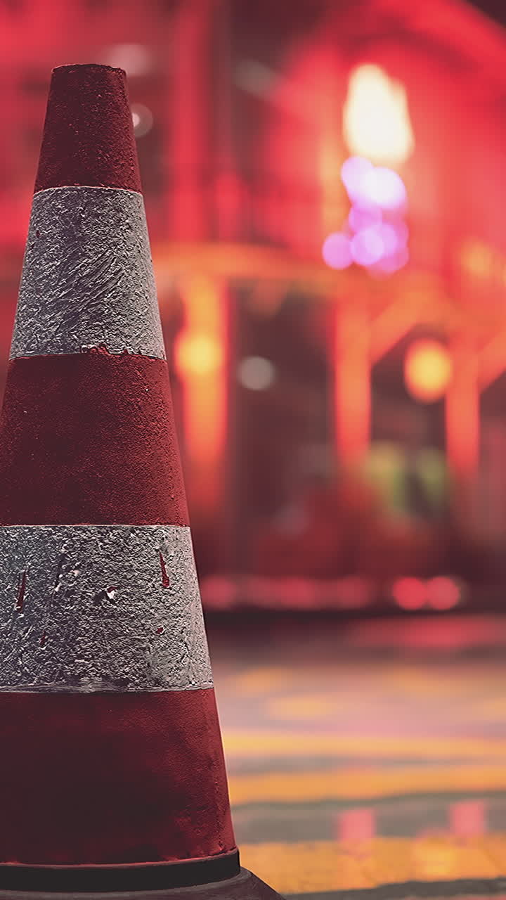 밤에 거리에서 빨간색과 색의 교통 콘