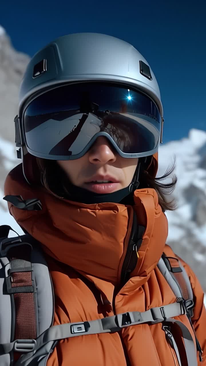 Aria fredda di montagna. Il casco brilla, gli occhiali riflettono la neve. La giacca arancione spicca nel bianco. La persona guarda avanti, calma, concentrata. Perfetto per sport estremi o branding d'avventura. Le montagne incombono dietro.