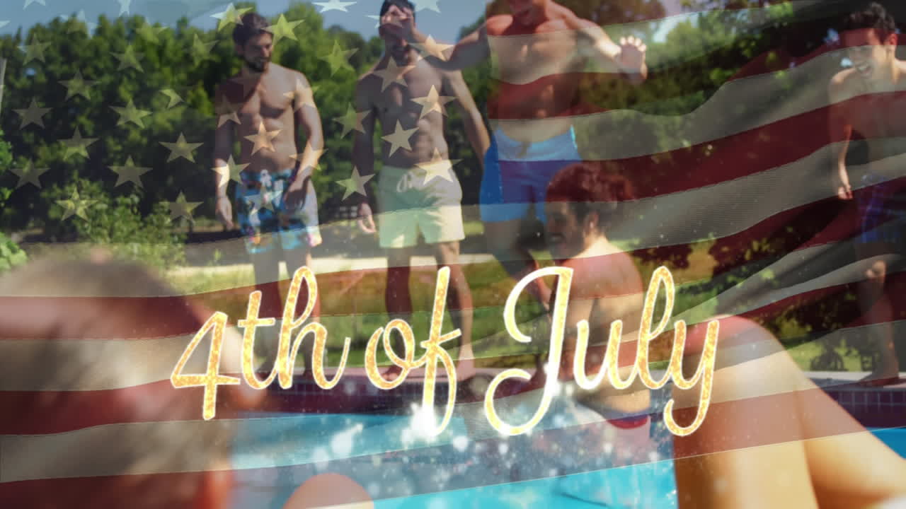 남자들이 수영장에 뛰어들어 '7월 4일' 문자를 보냈습니다.