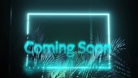 Animation-of-coming-soon-text-and-rectangle-frame-in-blue-neon,-over-palm-leaves-on-black-background