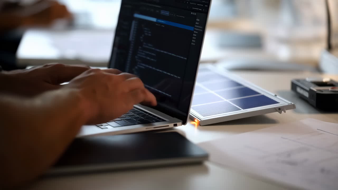 Person typing on a laptop next to a small solar panel
