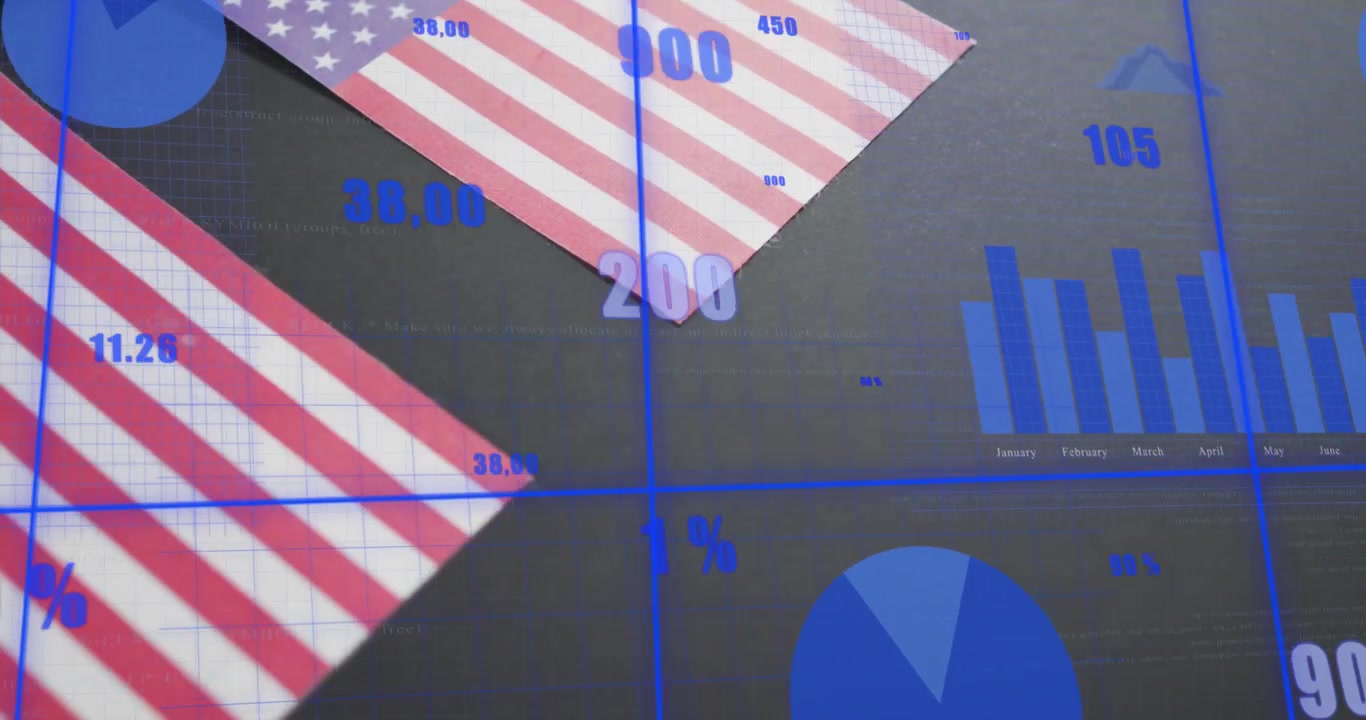 Dos paneles con patrón de bandera entran en el encuadre, una cuadrícula se superpone, y gráficos de barras y circulares actualizan métricas.