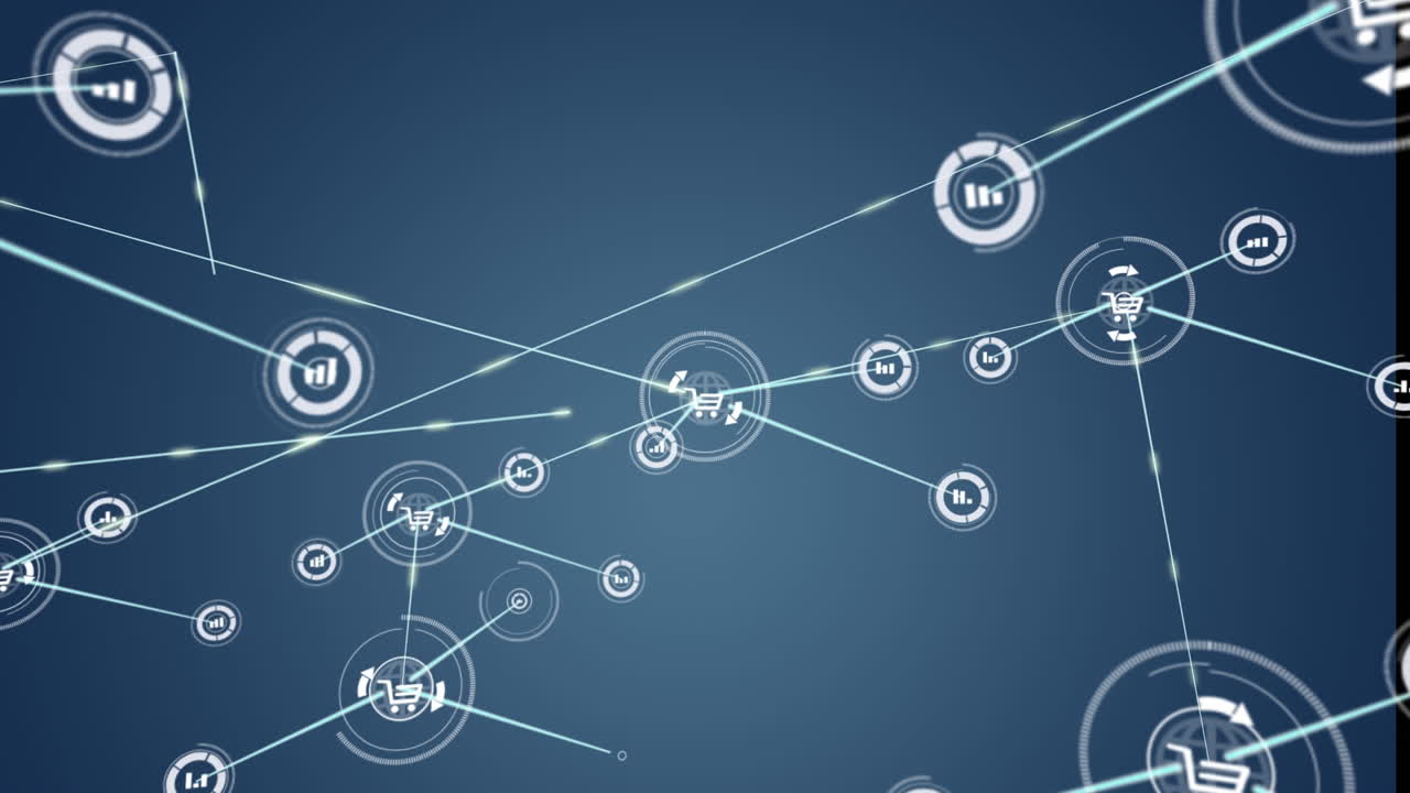 Animation of shopping cart and bar graph icons connecting with lines over blue background