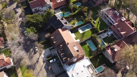 aerial flyover luxury neighborhood with swimming pool in garden and villas in vicente lopez suburb of buenos aires