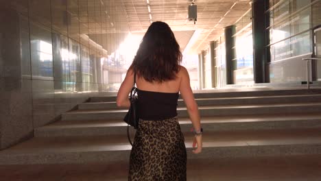 rear view of a woman walking up wide concrete steps toward a sunlit exit in a modern institutional corridor near the european parliament. her upward movement suggests ambition and purpose.