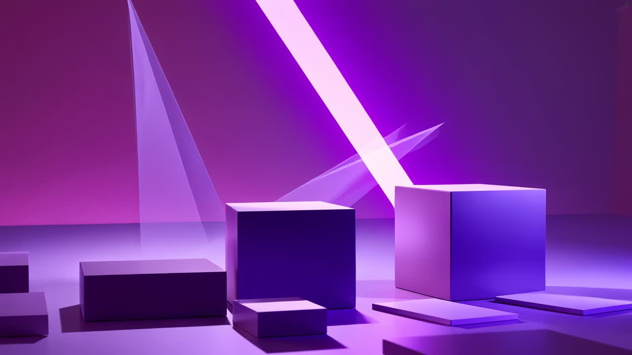 Emerging magenta beam sweeping across matte cubes in studio to highlight translucent prism
