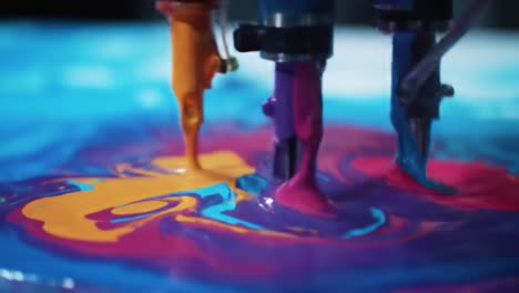 a vibrant display of colorful fluid art creation: automated paint dispensing mixing colors for striking artistic patterns in a captivating video sequence