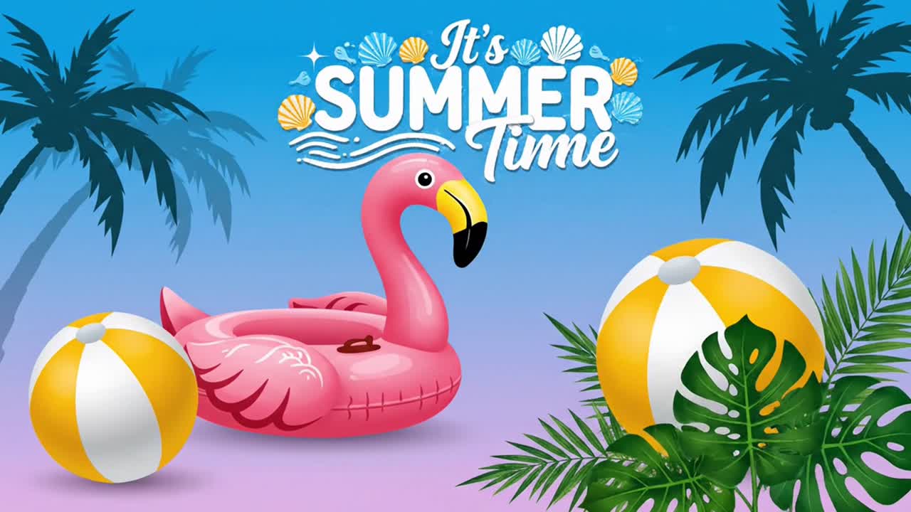 Summer time holiday banner with inflatable flamingo float