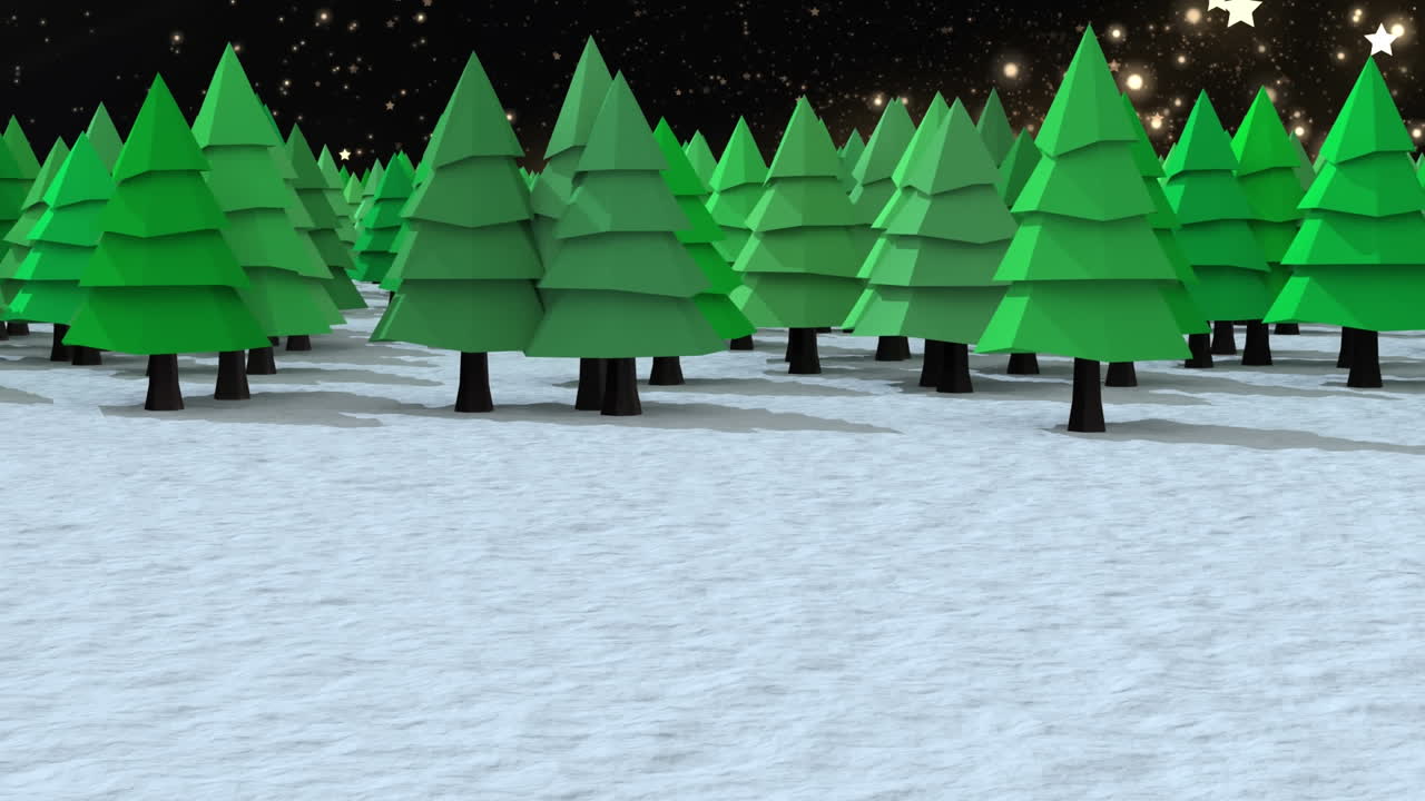 겨울 풍경 에 있는 여러 그루 의 나무 들 이 검은 배경 에 있는 별 을  ⁇ 고 있다