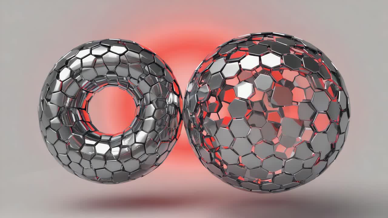 Abstract Metallic Hexagonal Sphere and Torus with Red Glow
