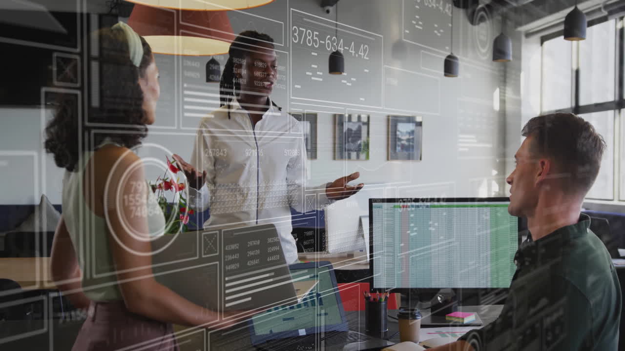 Animation of data processing over diverse business people in office