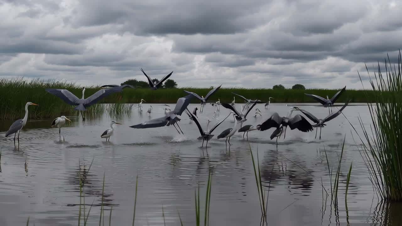 A Flock of Herons Taking Flight from a Wetland