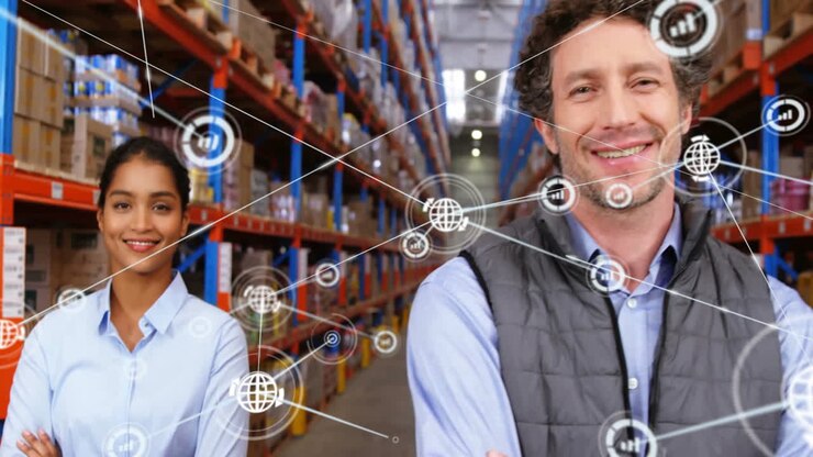 Animazione di rete di connessioni su diversi lavoratori che sorridono in magazzino