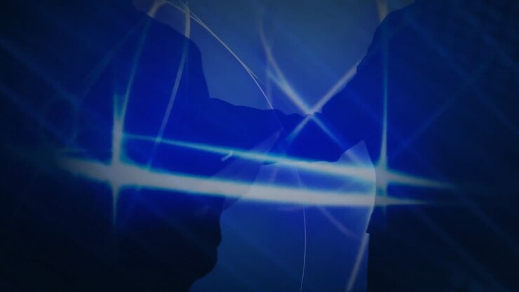 Silhouettes shaking hands with blue light trails animation in business setting