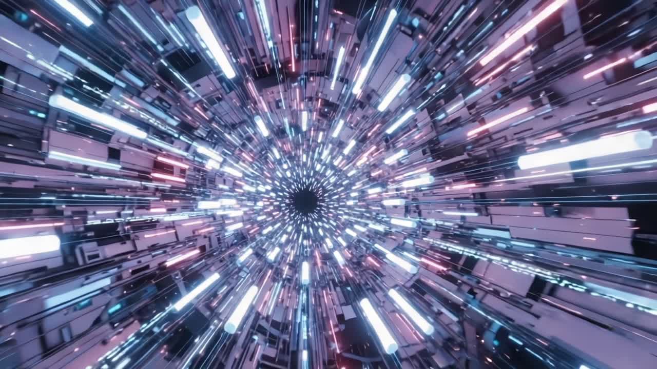 A mesmerizing visual journey through a vibrant digital tunnel, bursting with colorful lights and dynamic motion, immersing viewers in an electrifying experience of energy and speed