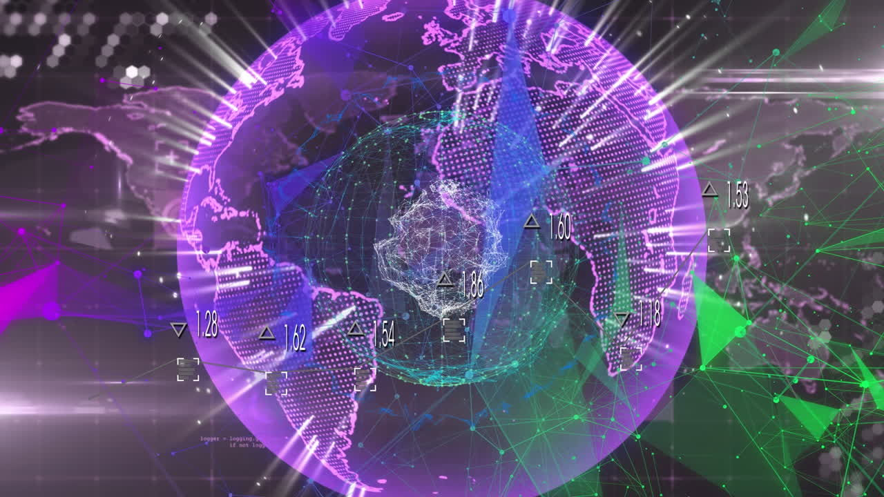 회전하는 지구와 세계 지도 위에 빛의 흔적과 플렉서스 네트워크의 애니메이션