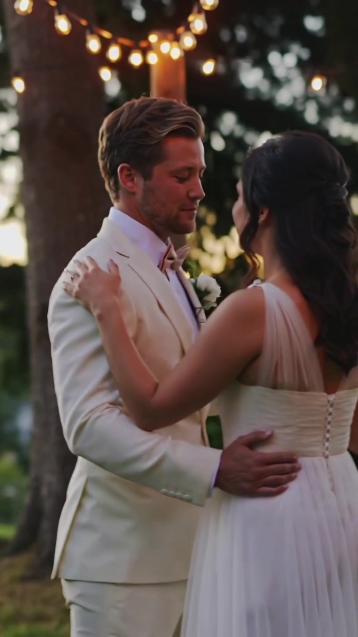 Vídeo vertical: Casal balançando ao som da música, se abraçando no quintal sob luzes de corda, com traje de casamento.