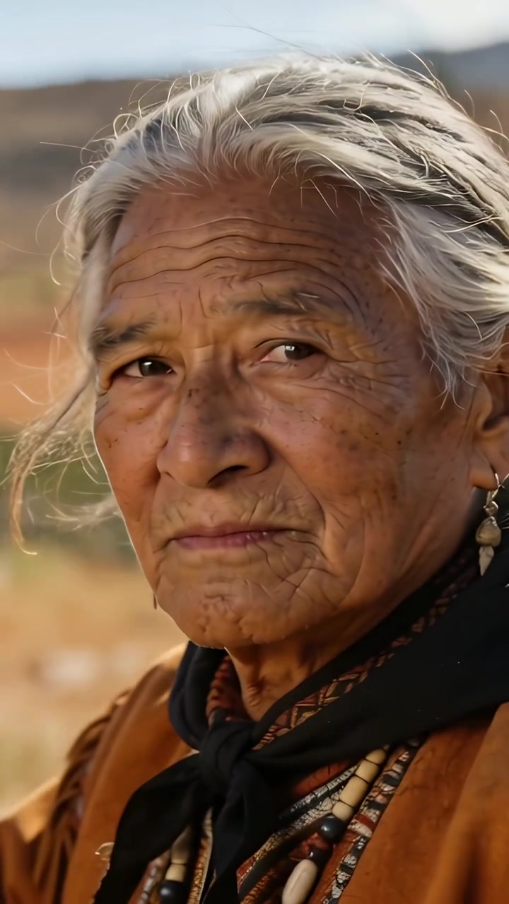 Vertical video: Turning elder reflecting in desert while breeze lifting hair, with beads, scarf
