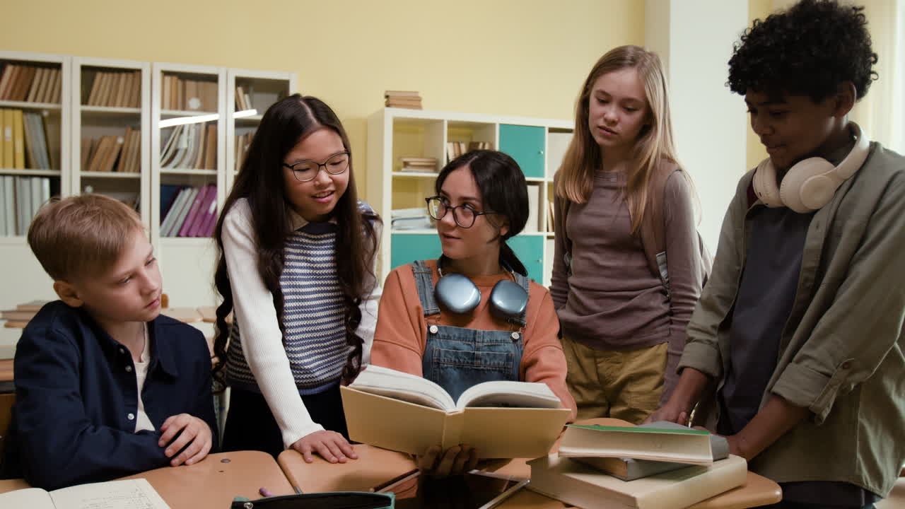 Diverse group of students studying and collaborating in a classroom