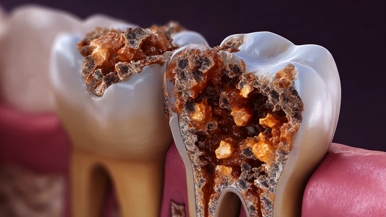 Detailed Examination of Dental Decay: Close-Up Views of Damaged Teeth Highlighting Cavities and Enamel Erosion from Advanced Carious Lesions, Demonstrating the Importance of Oral Hygiene and Care