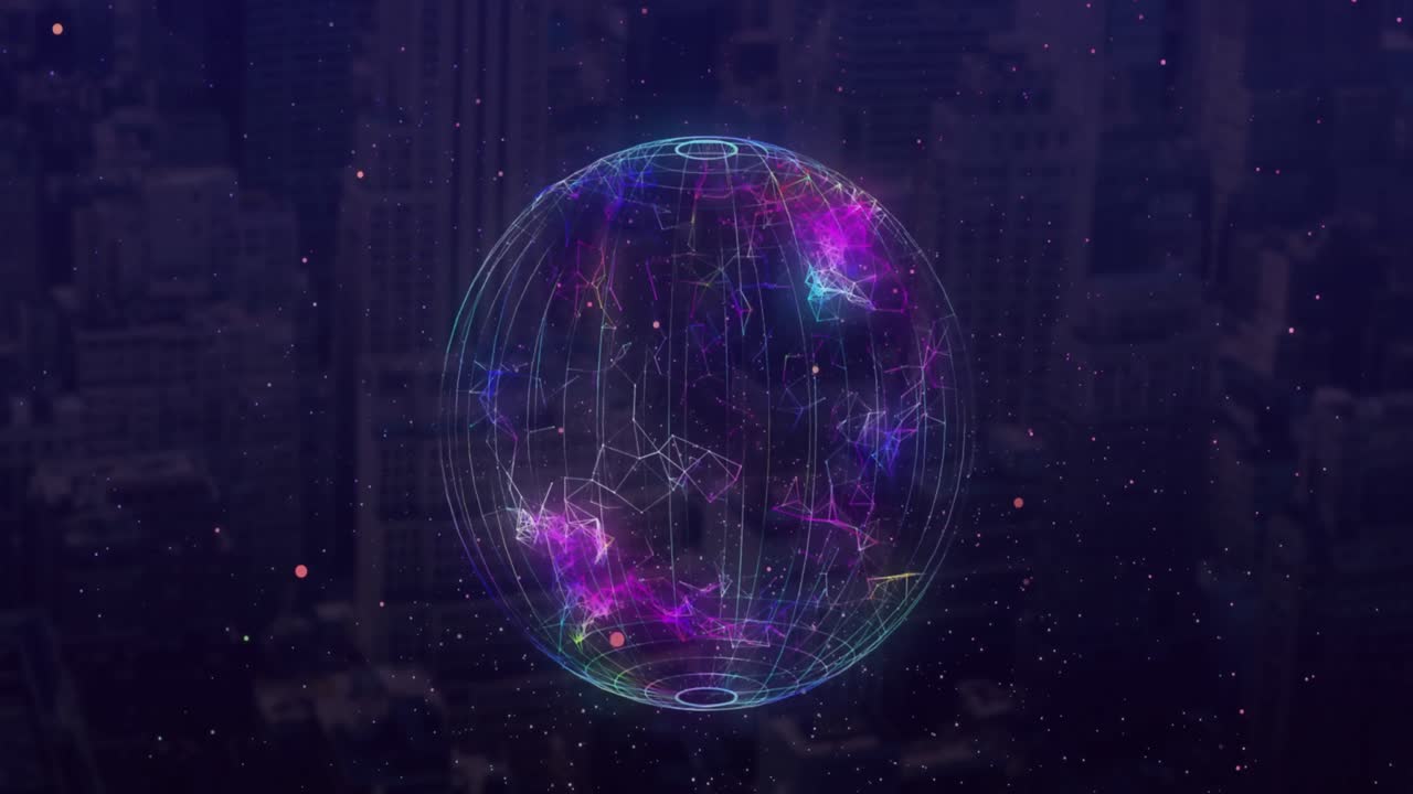 Globe of network of connections against cityscape