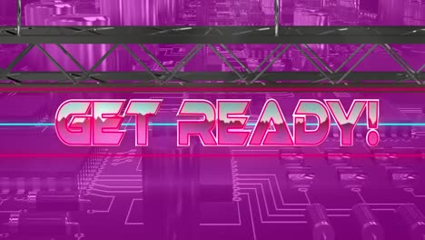 animation of get ready in pink metallic letters over computer circuit board on pink background