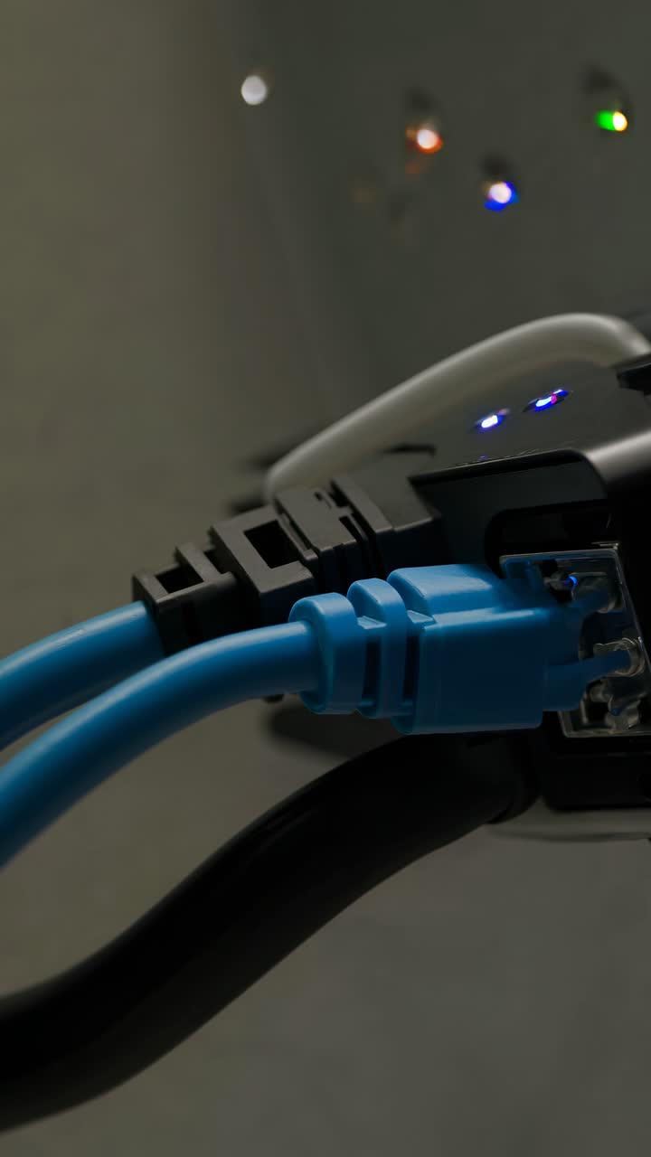 Close-up, low-angle shot of blue network cables plugged into a device, highlighting connectivity