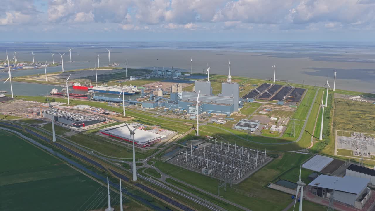 Aerial of Eemshaven industry district at daylight near harbor, Netherlands
