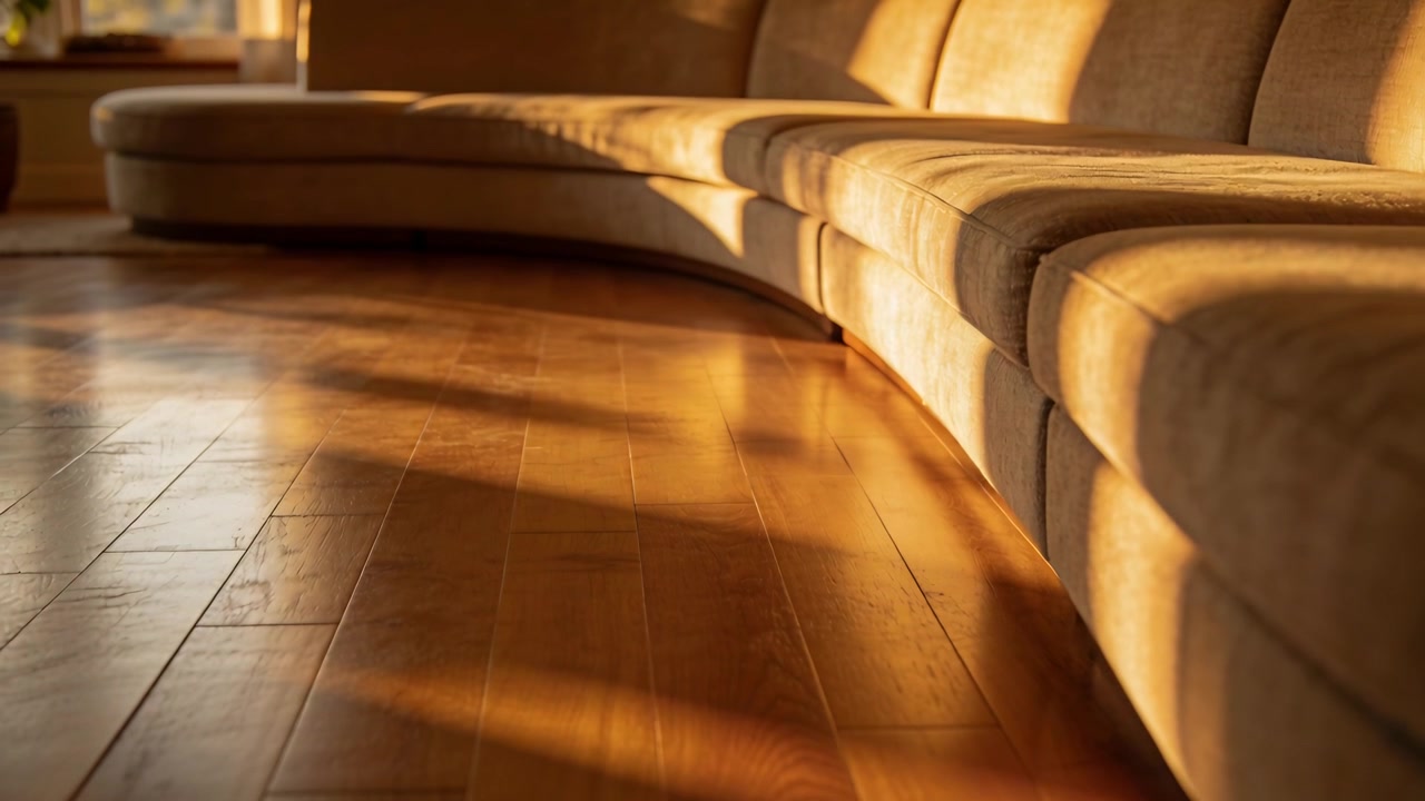 Fasci di luce solare che si spostano illuminano un divano curvo beige in casa, con il sole che proietta strisce sul pavimento in legno.