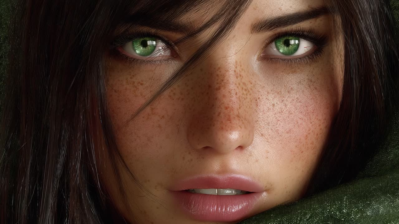 A Captivating Close-Up of a Young Woman's Face with Striking Green Eyes, Freckles, and Luscious Lips, Wrapped in a Soft Green Fabric, Exuding Natural Beauty and Charm