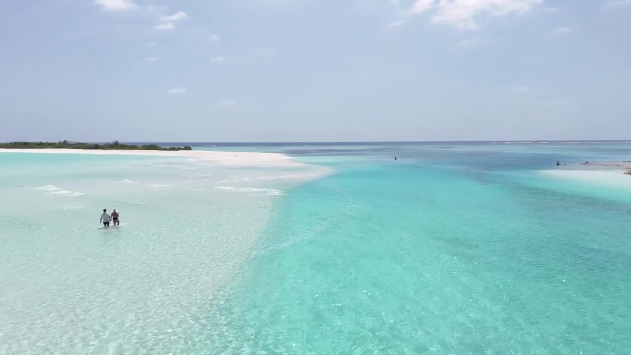 Ripresa aerea con drone di una coppia che cammina in acque basse turchesi vicino a un bar su un banco di sabbia bianca alle Maldive.
