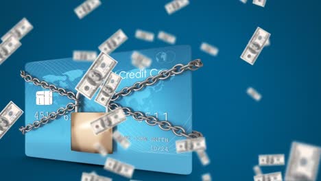 animation of american dollar banknotes falling over credit card in chain